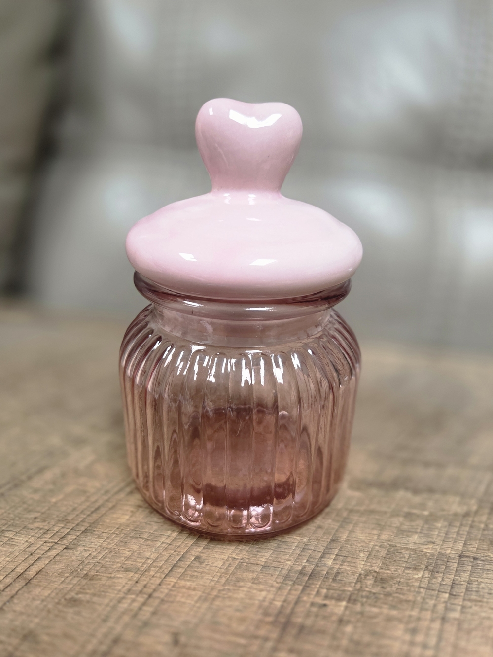 Pink Ribbed Glass Candy Jar with Ceramic Heart Lid 6.5" ~ B1Q